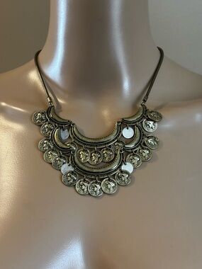 Jenny Bird Vintage-Style Coin Bib Statement Necklace – Antique Brass & Silver